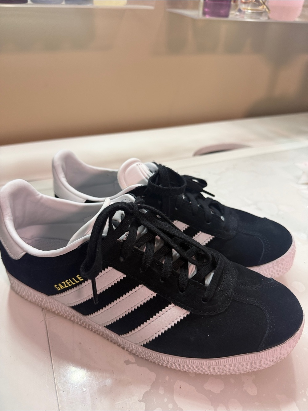 adidas Gazelle Black with White Stripes and Pink Sole